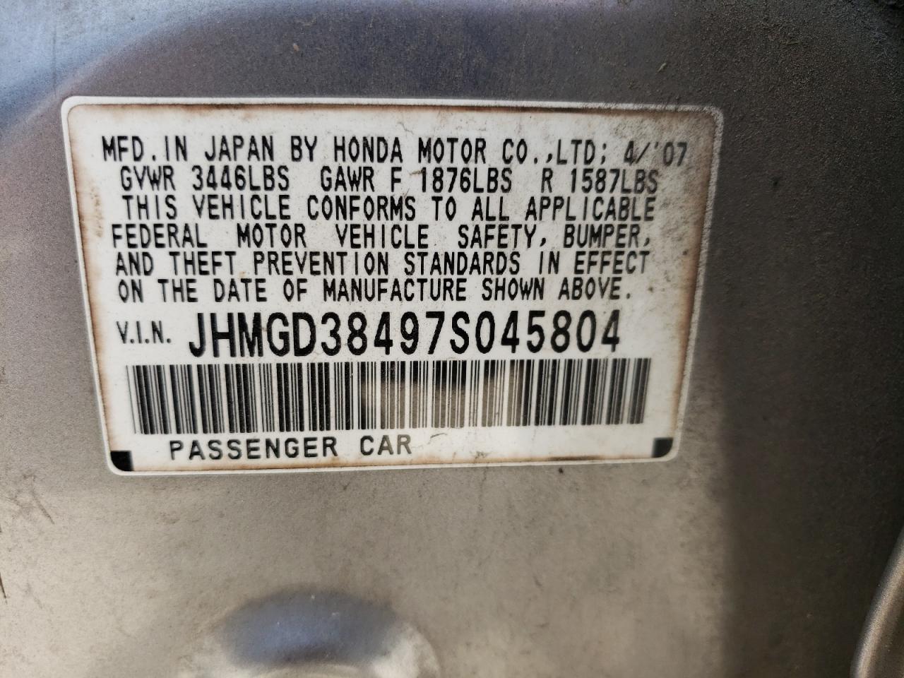 JHMGD38497S045804 2007 Honda Fit