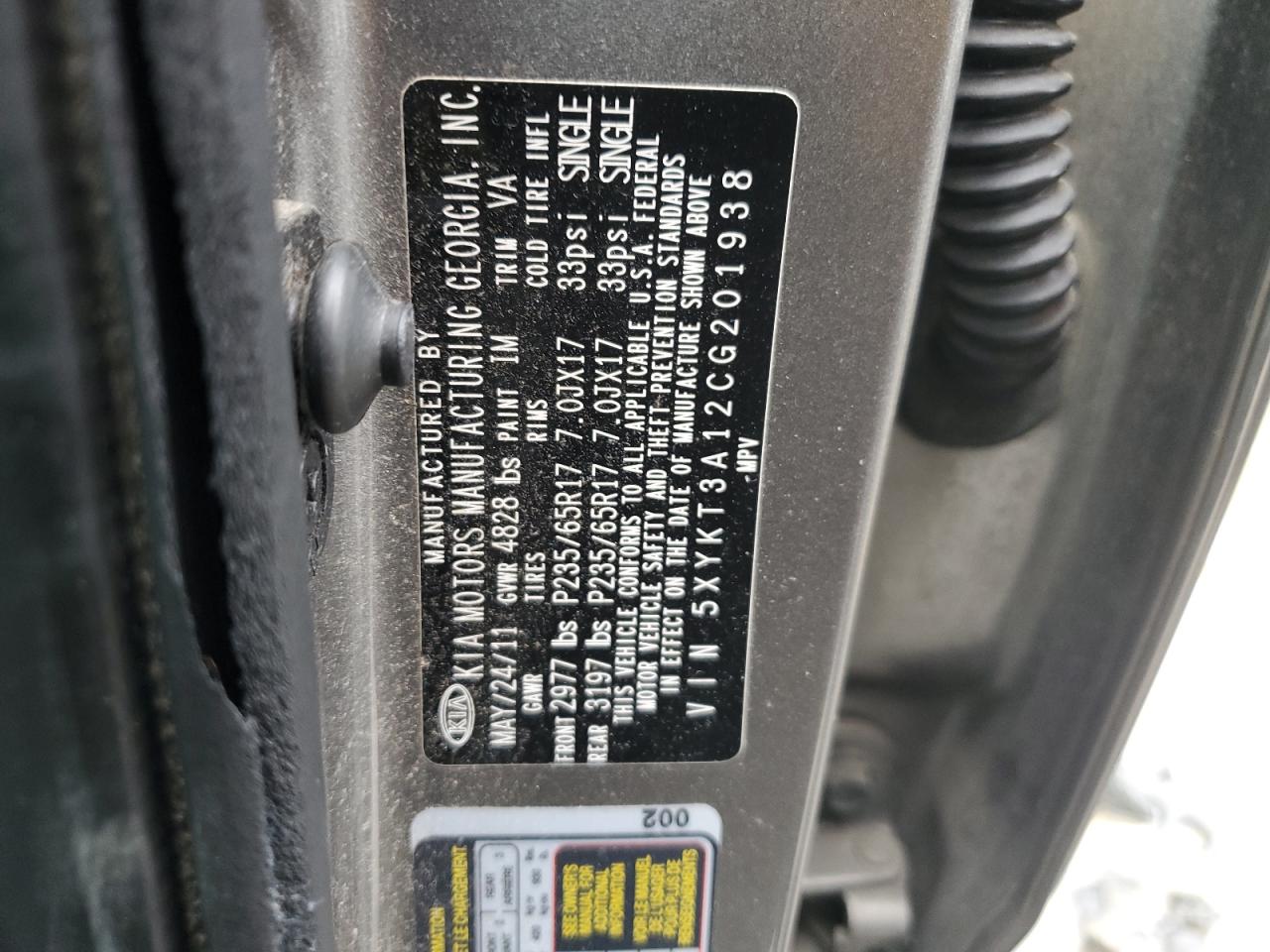 5XYKT3A12CG201938 2012 Kia Sorento Base