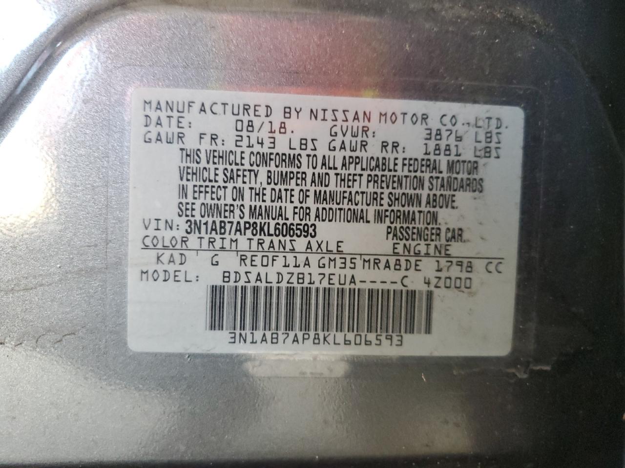 3N1AB7AP8KL606593 2019 Nissan Sentra S