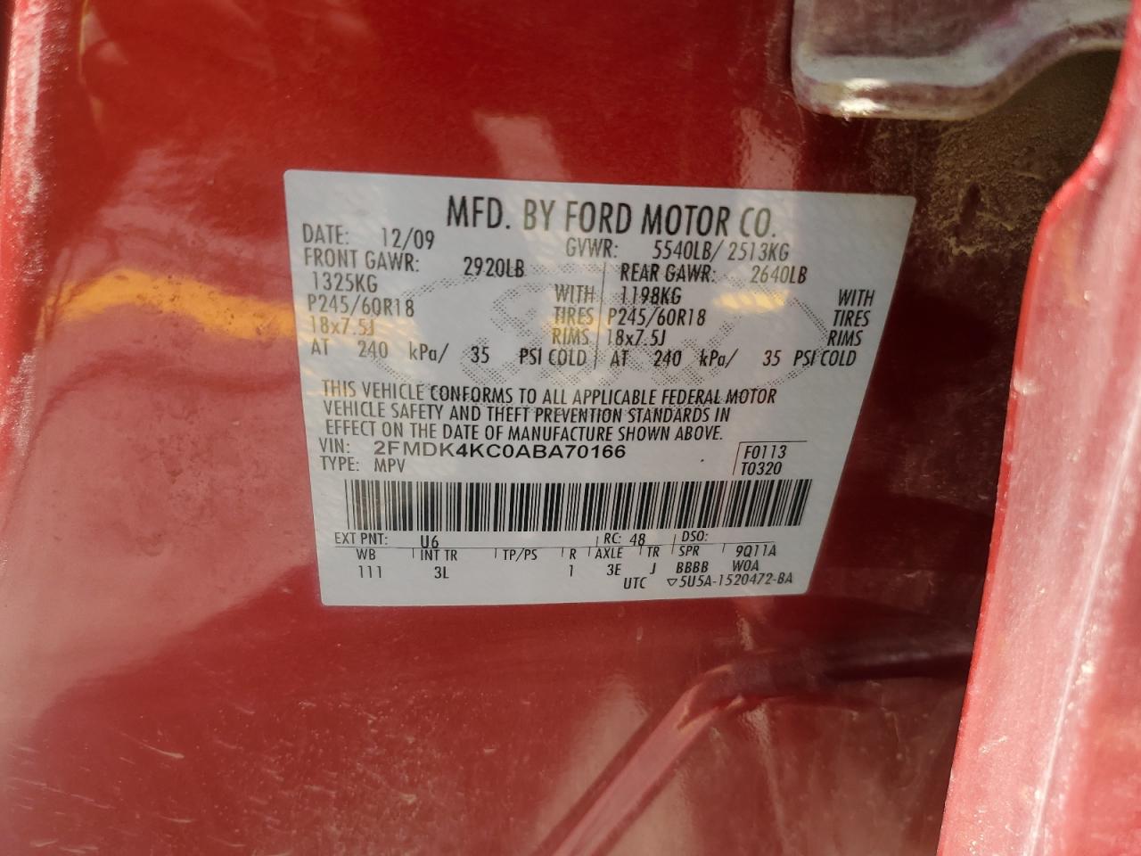 2FMDK4KC0ABA70166 2010 Ford Edge Limited