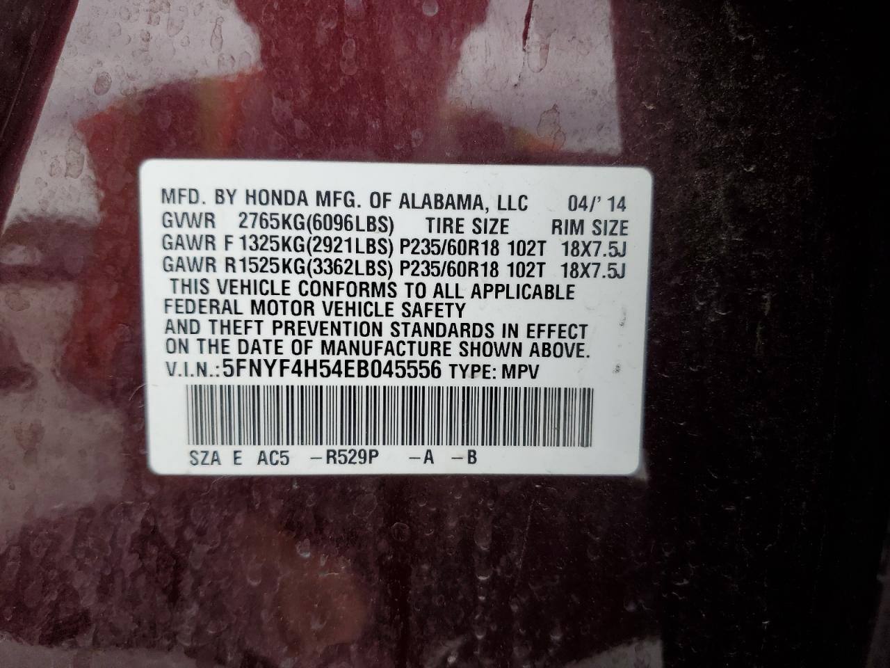 5FNYF4H54EB045556 2014 Honda Pilot Exl