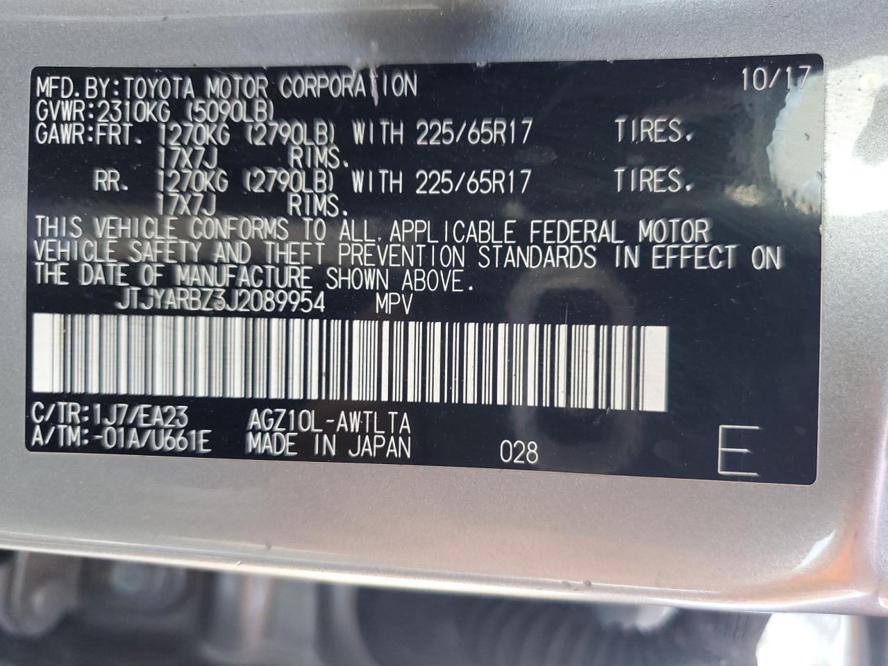 JTJYARBZ3J2089954 2018 Lexus Nx 300 Base