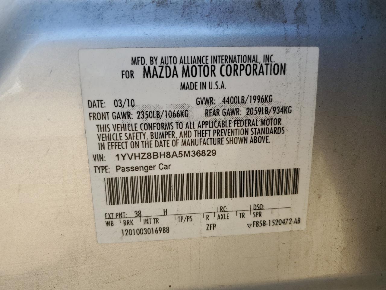 1YVHZ8BH8A5M36829 2010 Mazda 6 I