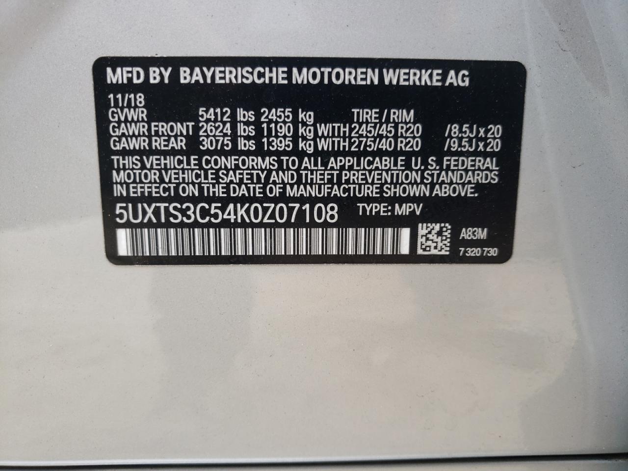 5UXTS3C54K0Z07108 2019 BMW X3 xDrivem40I