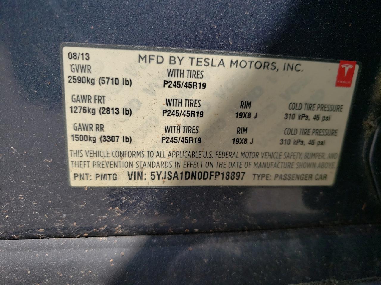 2013 Tesla Model S vin: 5YJSA1DN0DFP18897