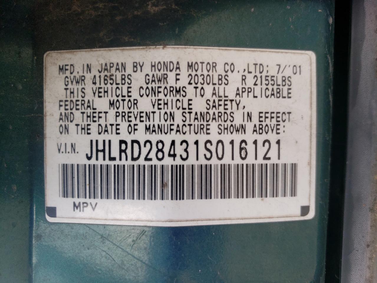 JHLRD28431S016121 2001 Honda Cr-V Lx