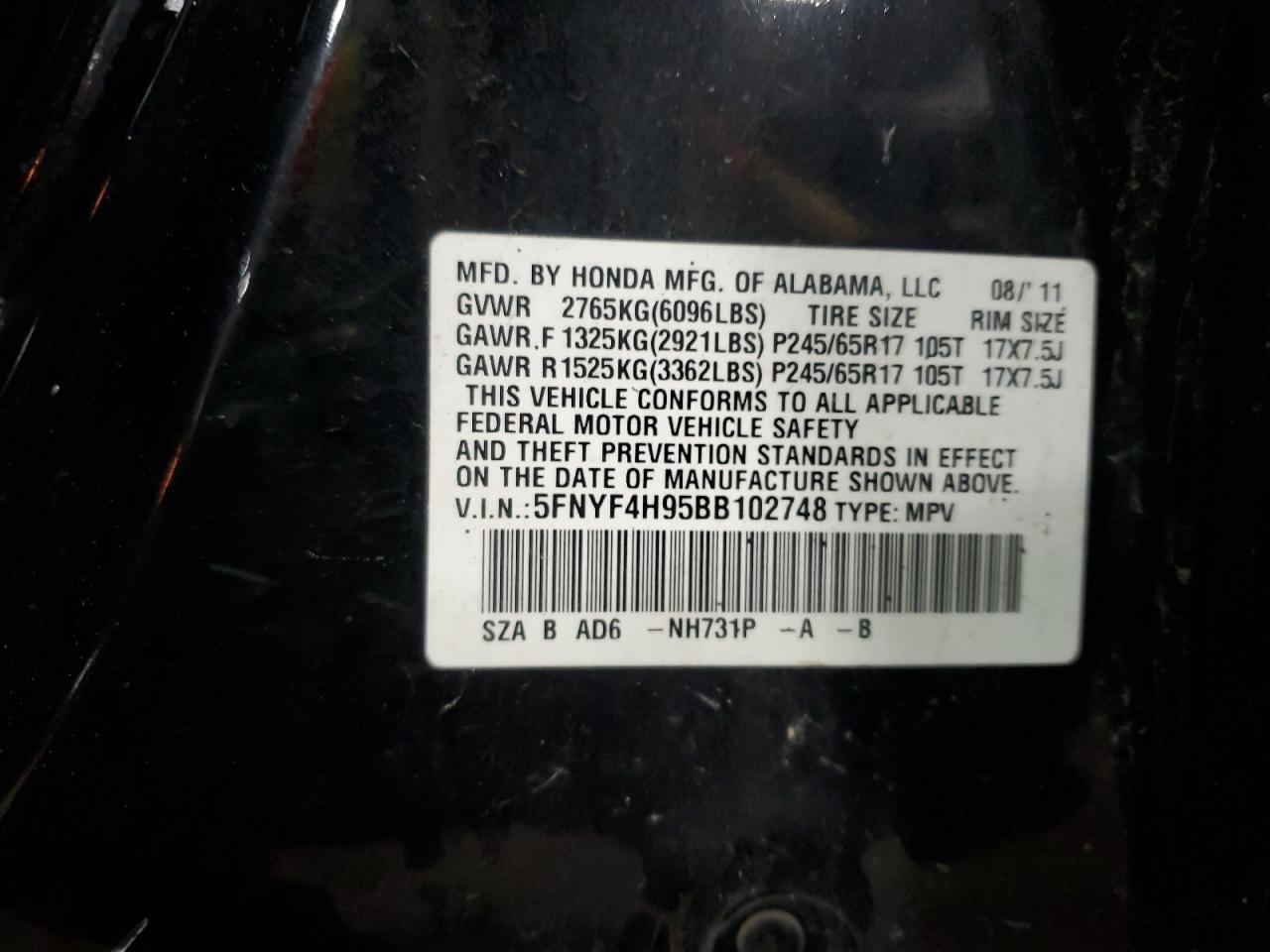 5FNYF4H95BB102748 2011 Honda Pilot Touring