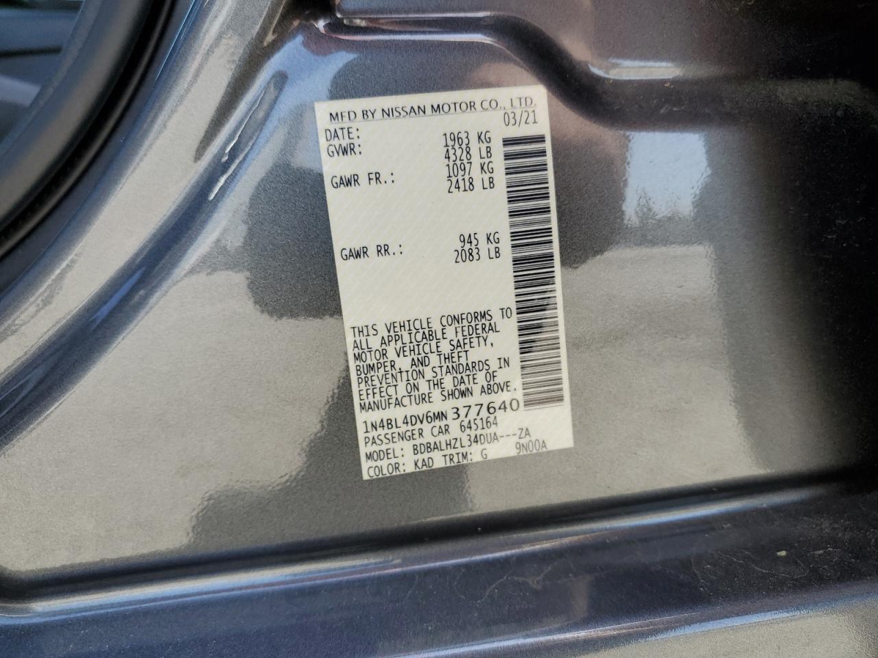 1N4BL4DV6MN377640 2021 Nissan Altima Sv