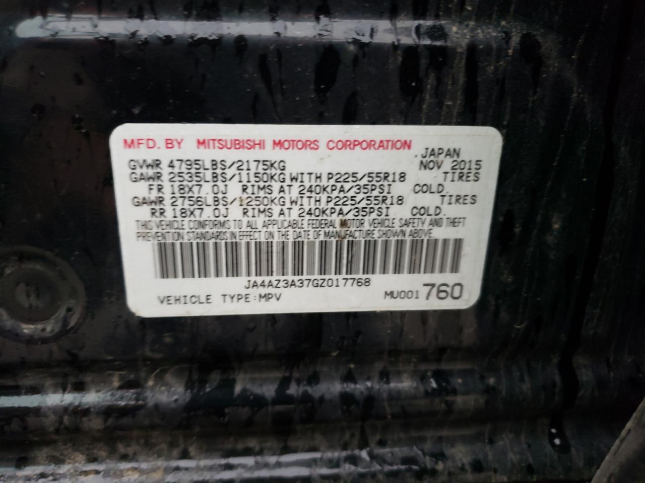 JA4AZ3A37GZ017768 2016 Mitsubishi Outlander Se