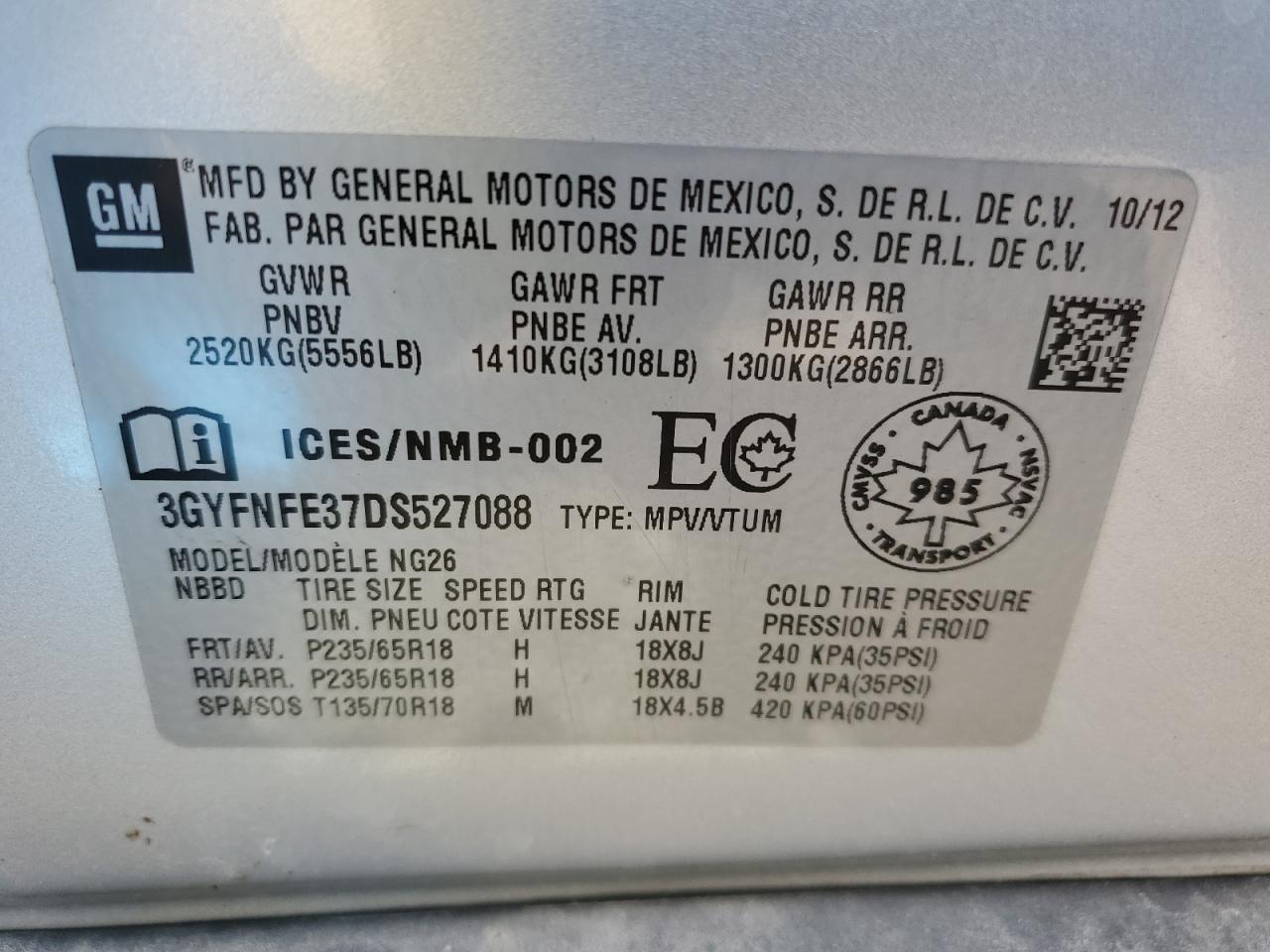 3GYFNFE37DS527088 2013 Cadillac Srx