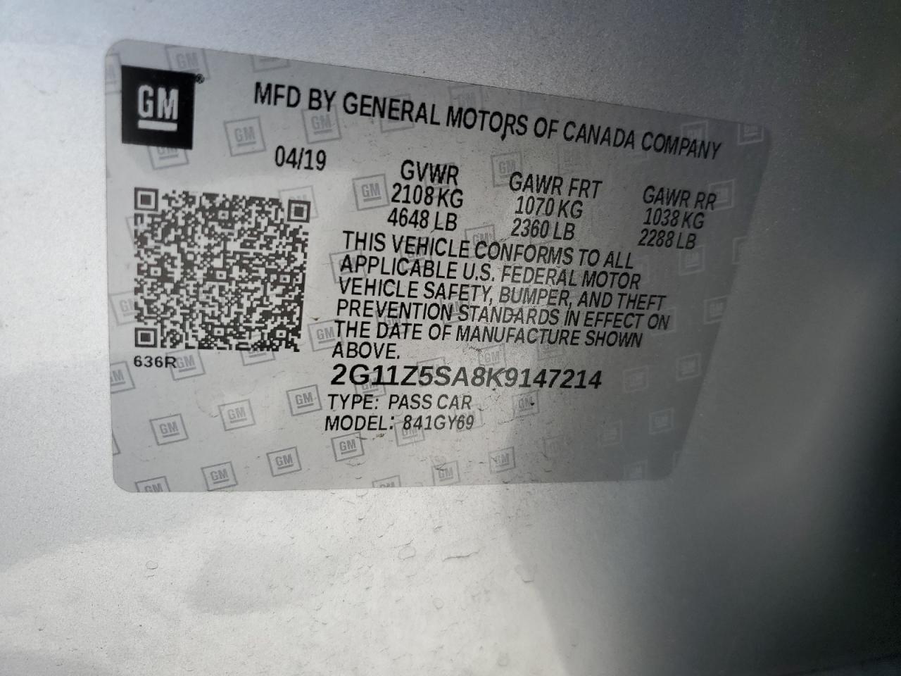 2G11Z5SA8K9147214 CHEVROLET IMPALA 2019