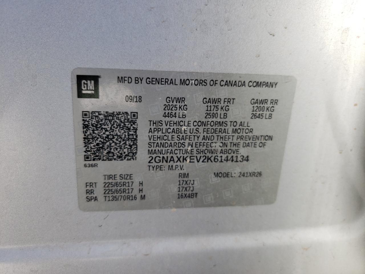 2GNAXKEV2K6144134 2019 Chevrolet Equinox Lt