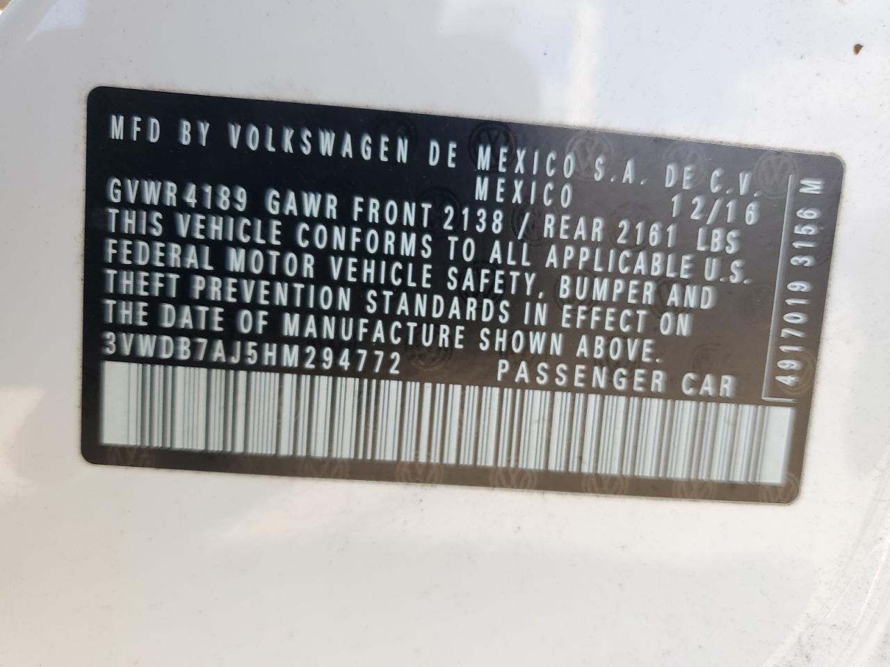 3VWDB7AJ5HM294772 2017 Volkswagen Jetta Se