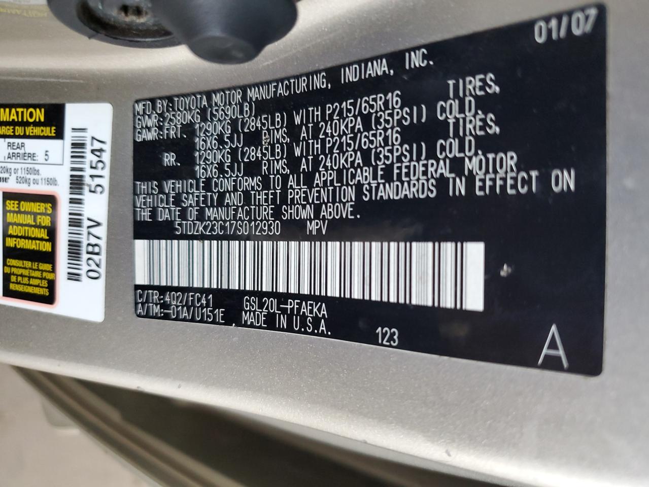 5tdzk23c17s012930 5TDZK23C17S012930 2007 Toyota Sienna Ce