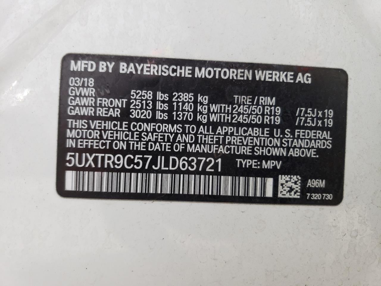 5UXTR9C57JLD63721 2018 BMW X3 xDrive30I