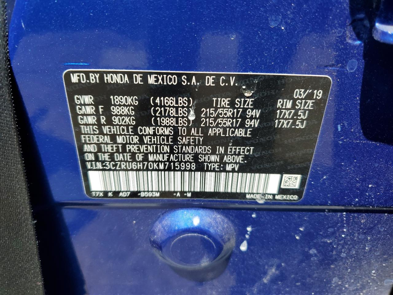 3CZRU6H70KM715998 2019 Honda Hr-V Exl