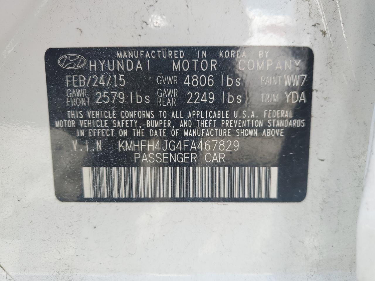 KMHFH4JG4FA467829 2015 Hyundai Azera Limited