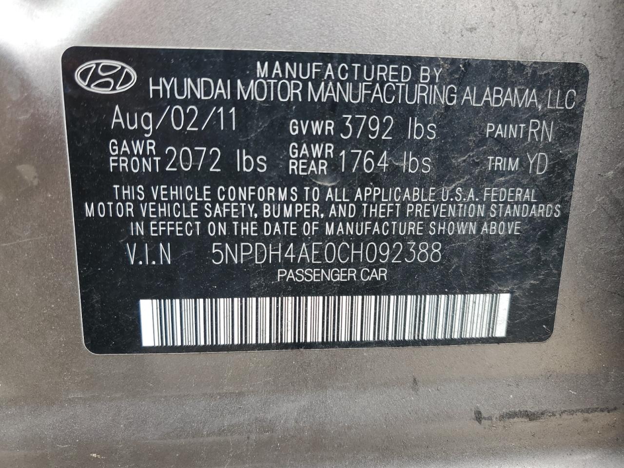 5NPDH4AE0CH092388 2012 Hyundai Elantra Gls