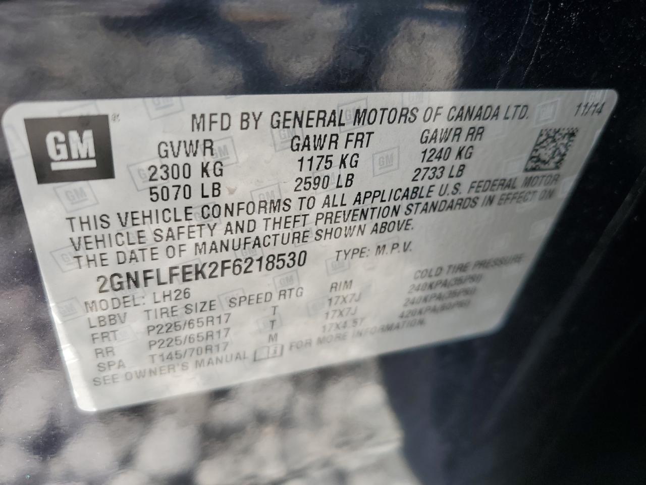 2GNFLFEK2F6218530 2015 Chevrolet Equinox Lt