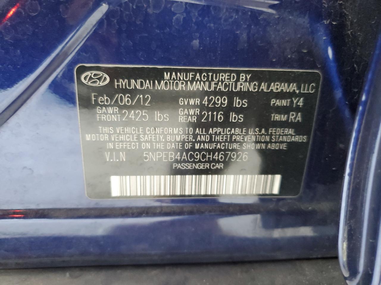 5NPEB4AC9CH467926 2012 Hyundai Sonata Gls