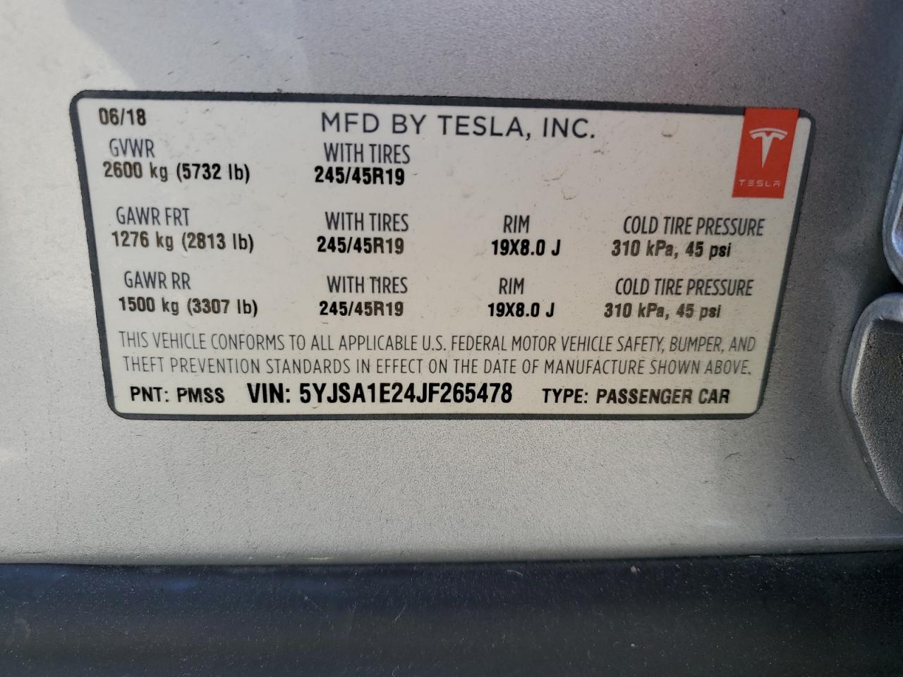 5YJSA1E24JF265478 2018 Tesla Model S