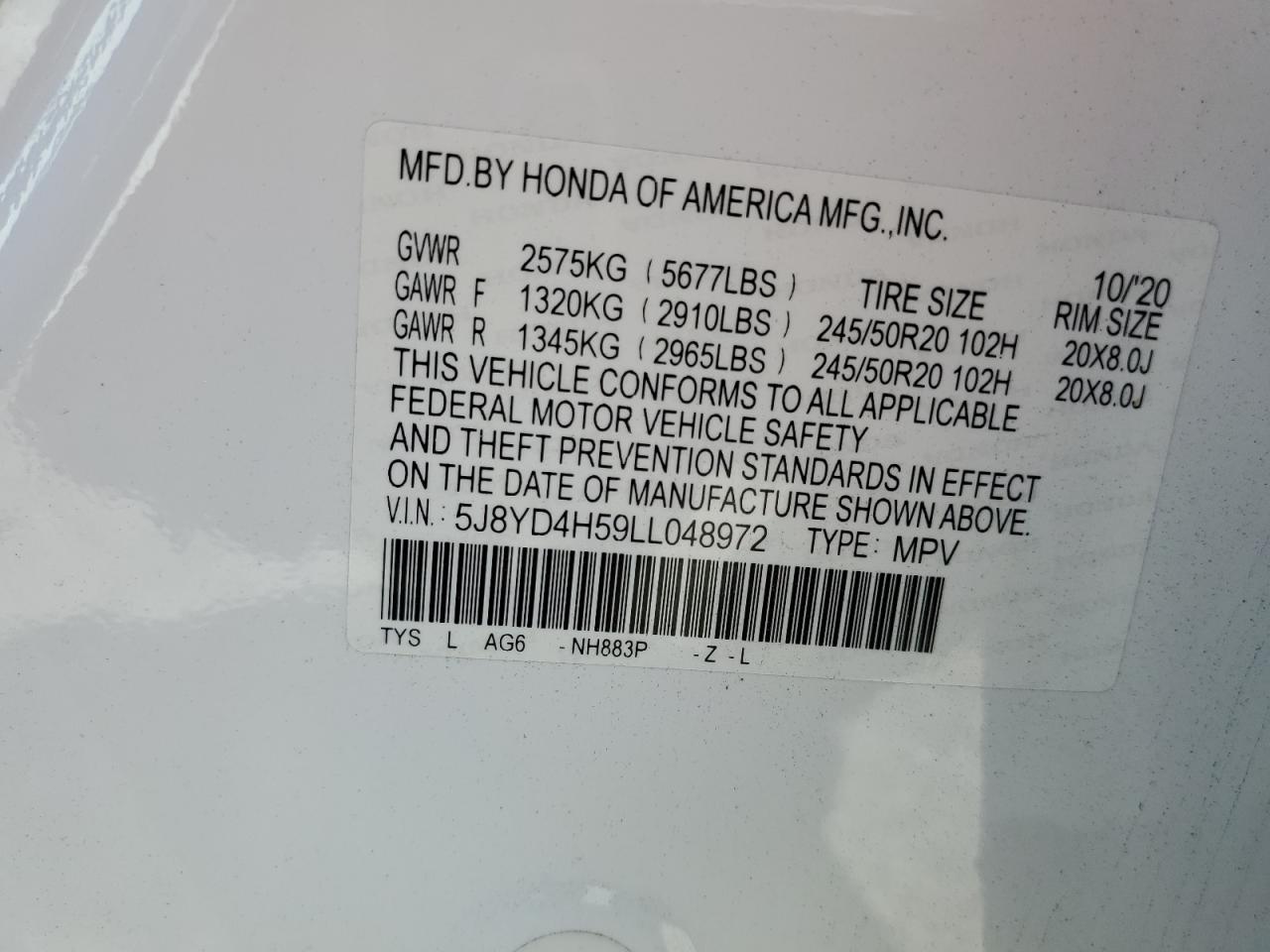 5J8YD4H59LL048972 2020 Acura Mdx Technology