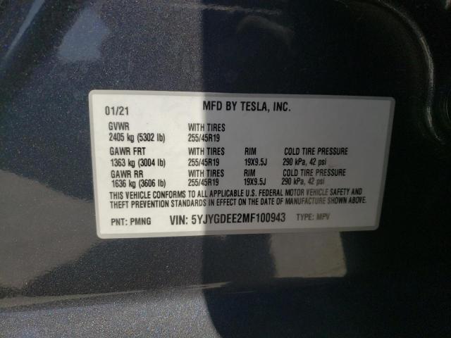 2021 Tesla Model Y VIN: 5YJYGDEE2MF100943 Lot: 57108234