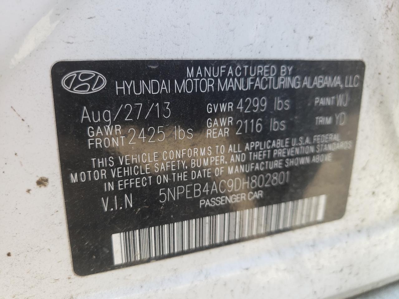 5NPEB4AC9DH802801 2013 Hyundai Sonata Gls