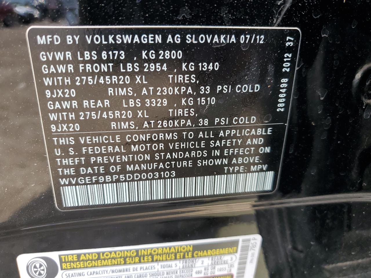 WVGEF9BP5DD003103 2013 Volkswagen Touareg V6