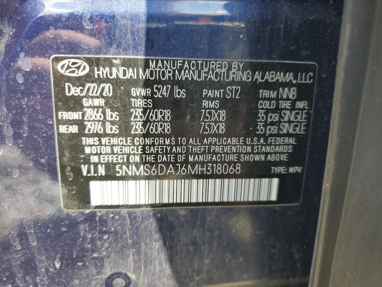 5NMS6DAJ6MH318068 2021 Hyundai Santa Fe Sel