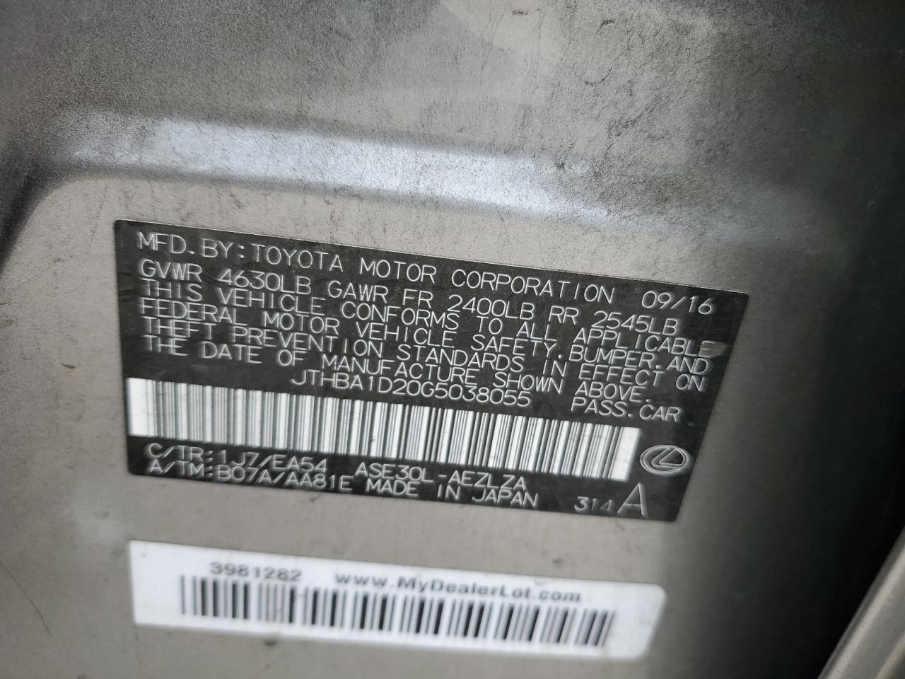 JTHBA1D20G5038055 2016 Lexus Is 200T