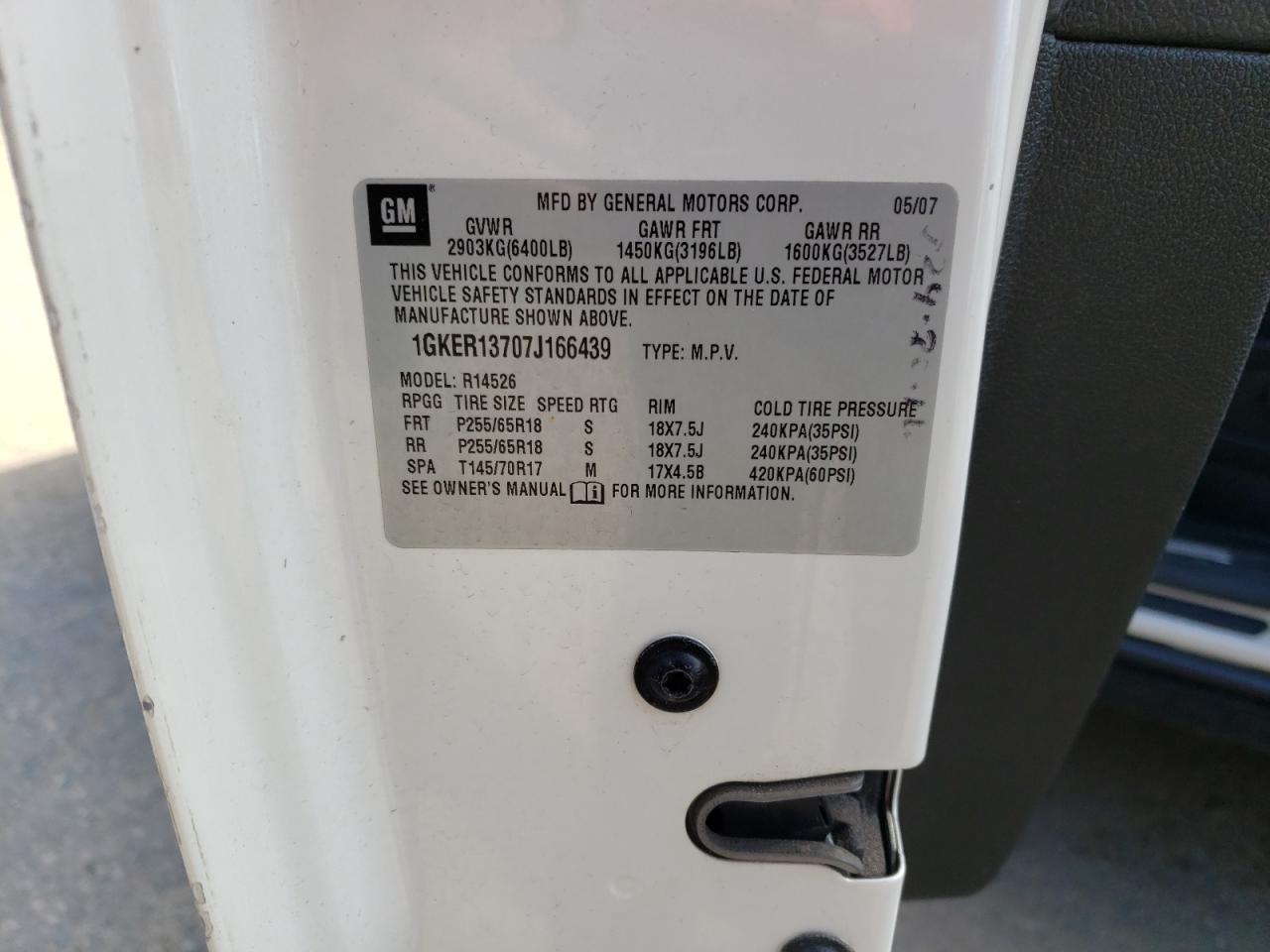 1GKER13707J166439 2007 GMC Acadia Sle