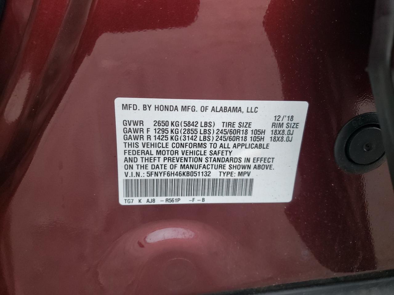 5FNYF6H46KB051132 2019 Honda Pilot Exl