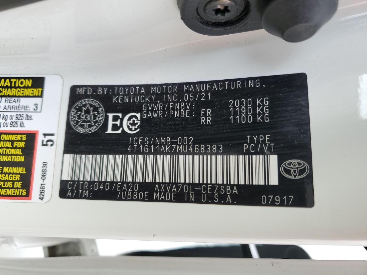 4T1G11AK7MU468383 2021 Toyota Camry Se