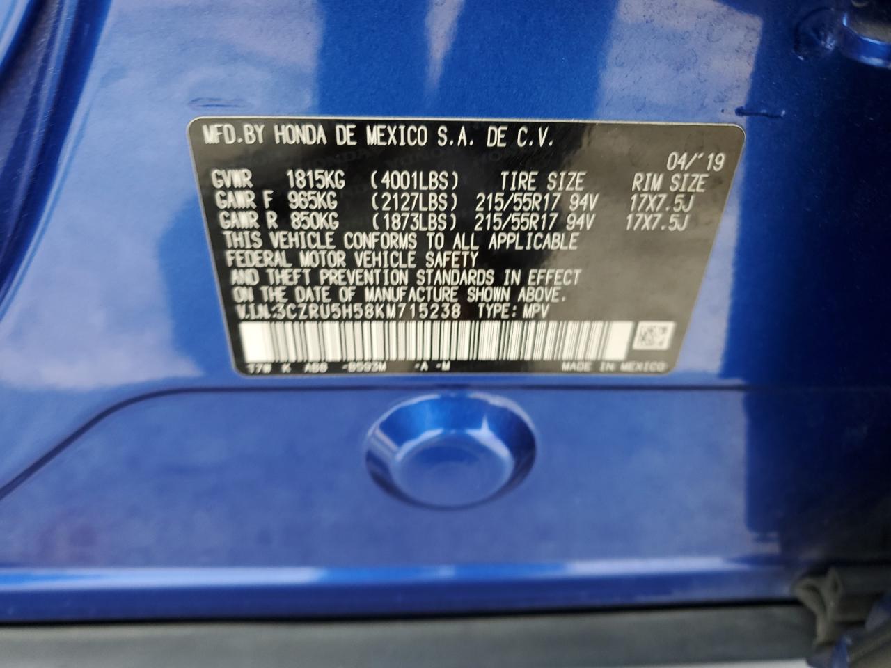 3CZRU5H58KM715238 2019 Honda Hr-V Ex