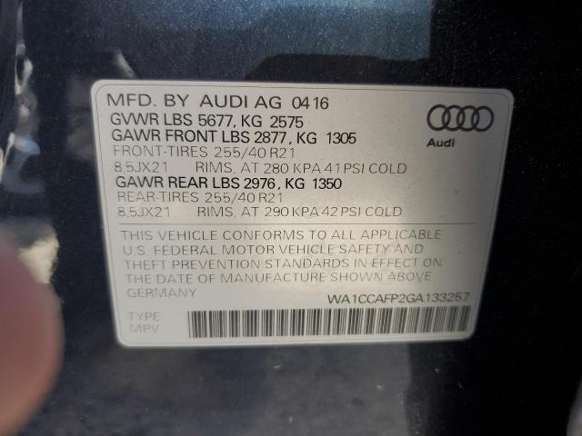 2016 Audi Sq5 Premium Plus VIN: WA1CCAFP2GA133257 Lot: 57105974