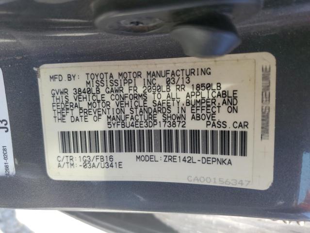 2013 Toyota Corolla Base VIN: 5YFBU4EE3DP173872 Lot: 54247384