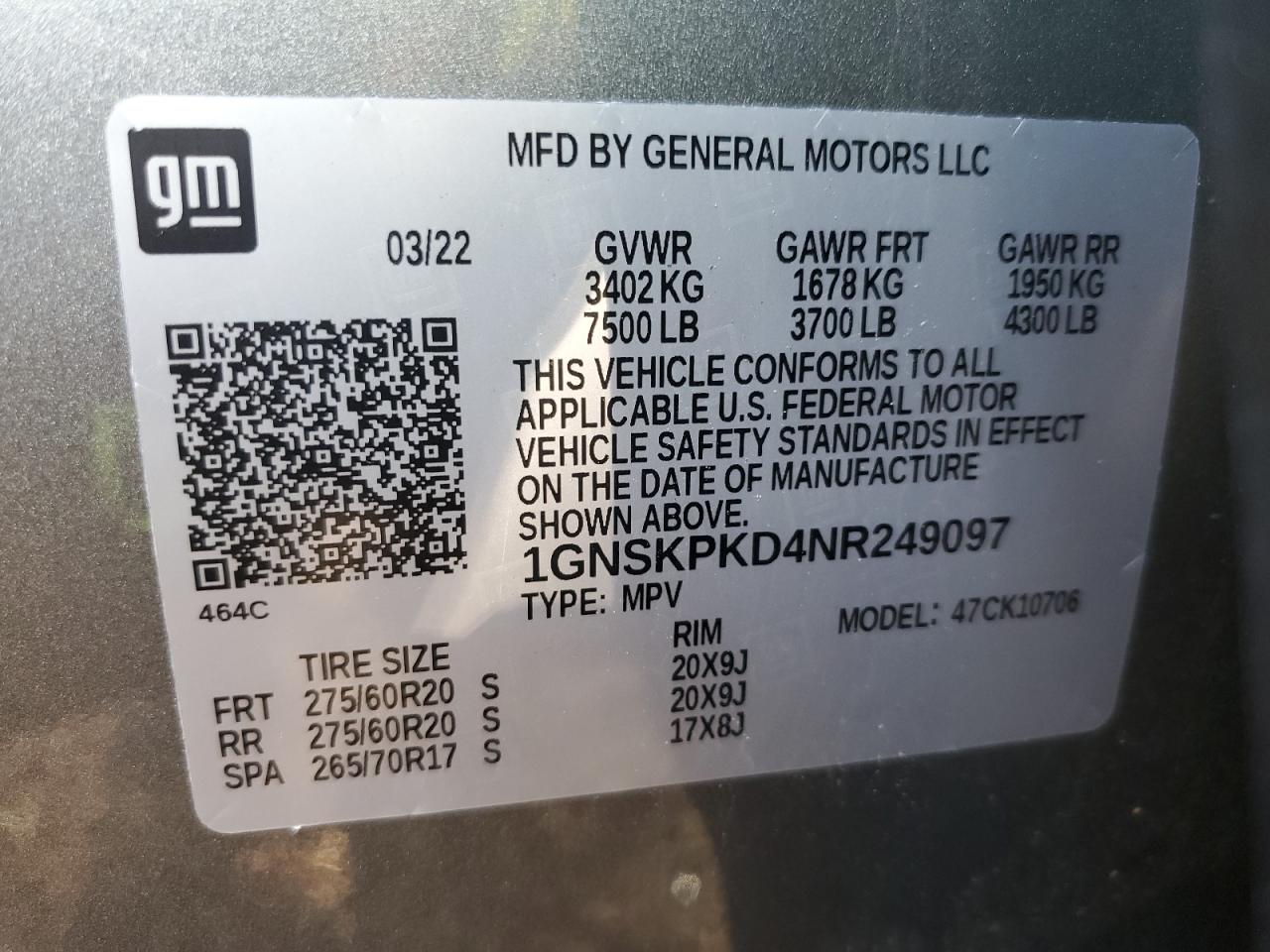 1GNSKPKD4NR249097 2022 Chevrolet Tahoe K1500 Z71