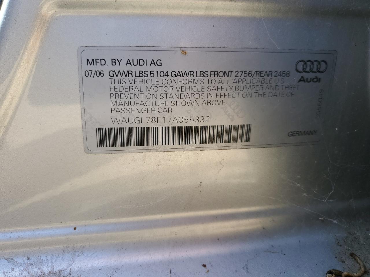 WAUGL78E17A055332 2007 Audi New S4 Quattro