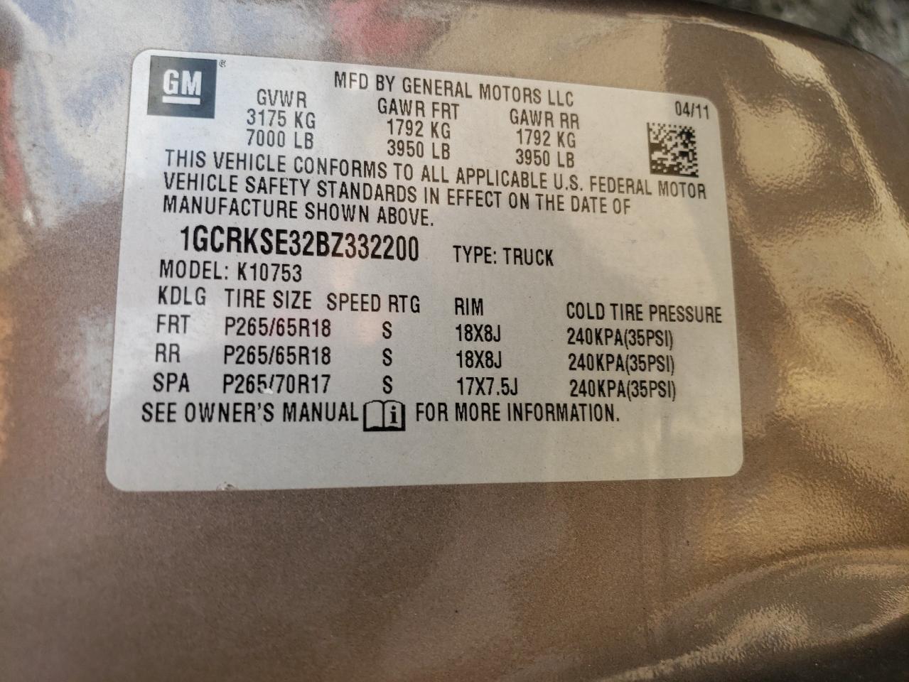 1GCRKSE32BZ332200 2011 Chevrolet Silverado K1500 Lt