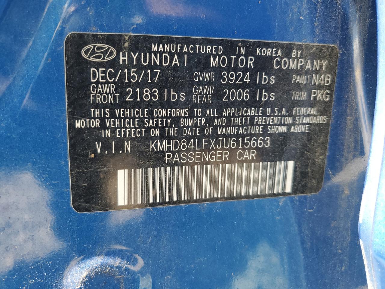 KMHD84LFXJU615663 2018 Hyundai Elantra Sel