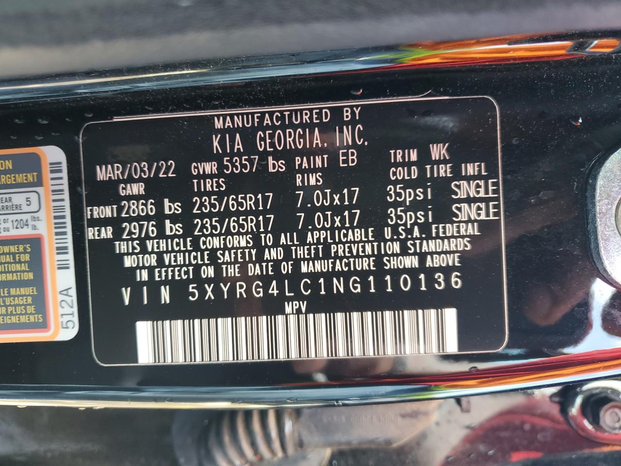 5XYRG4LC1NG110136 2022 Kia Sorento Lx