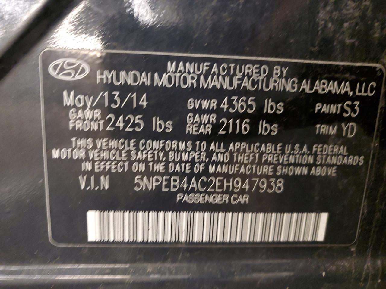 5NPEB4AC2EH947938 2014 Hyundai Sonata Gls