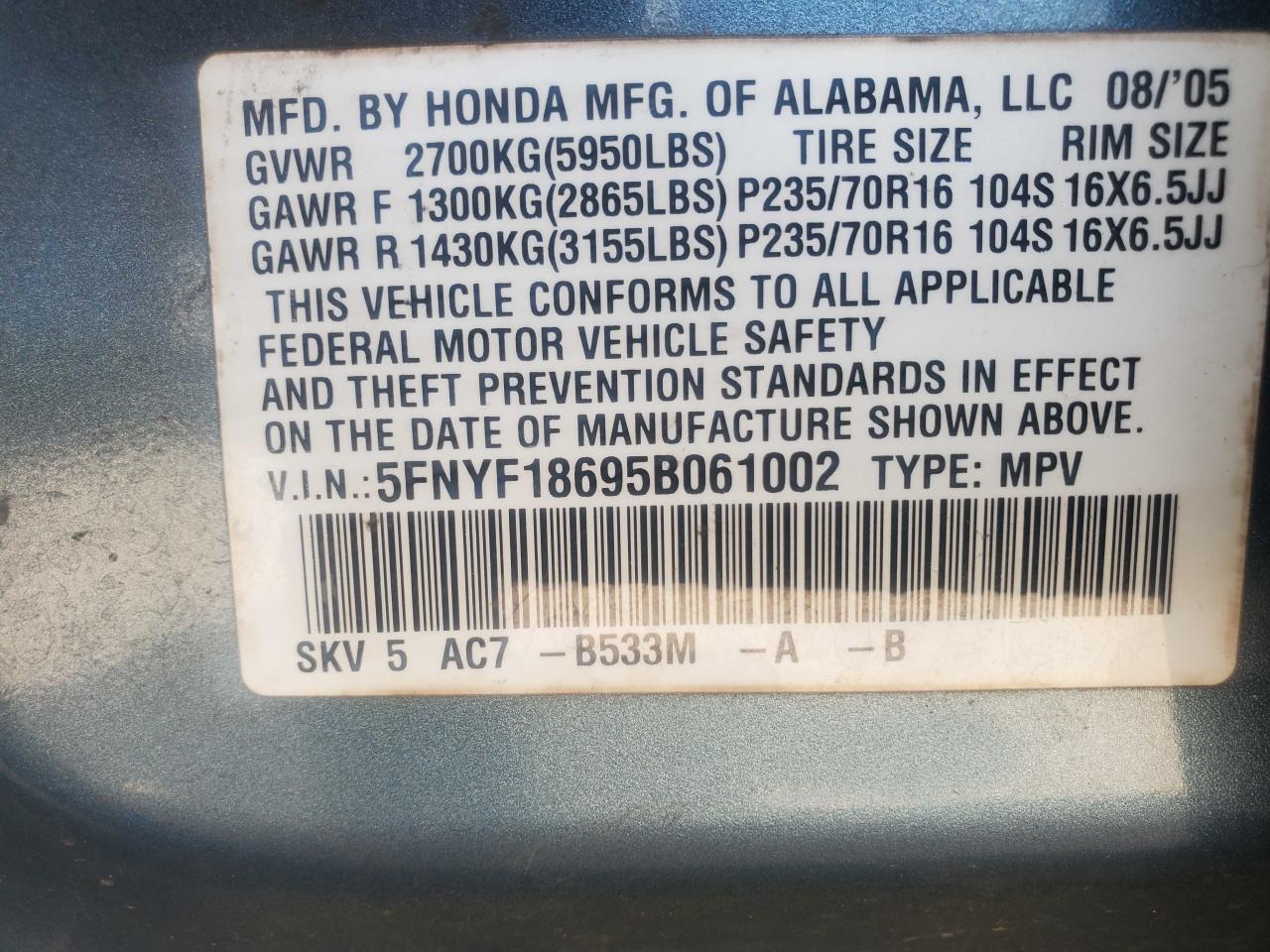 5FNYF18695B061002 2005 Honda Pilot Exl