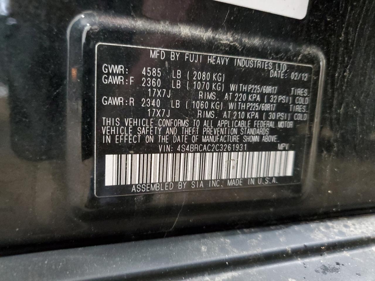 4S4BRCAC2C3261931 2012 Subaru Outback 2.5I