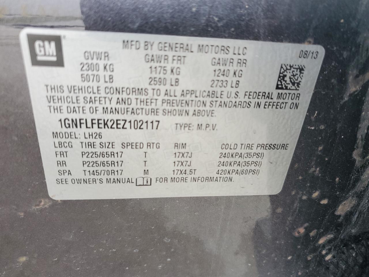 1GNFLFEK2EZ102117 2014 Chevrolet Equinox Lt