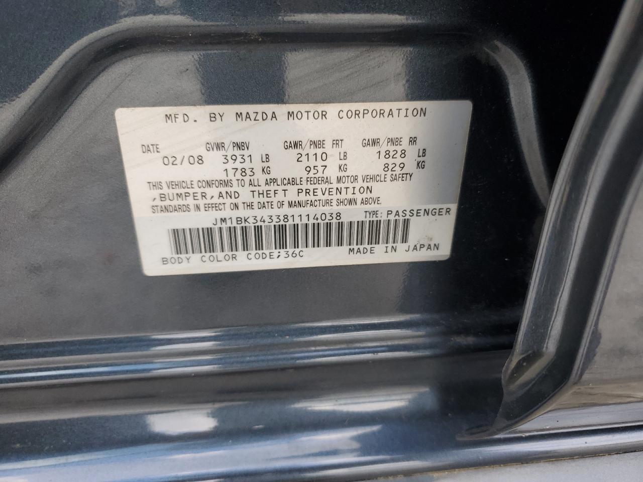 JM1BK343381114038 2008 Mazda 3 Hatchback