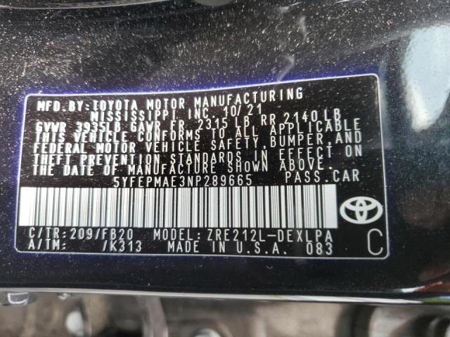 2022 Toyota Corolla Le VIN: 5YFEPMAE3NP289665 Lot: 55281984