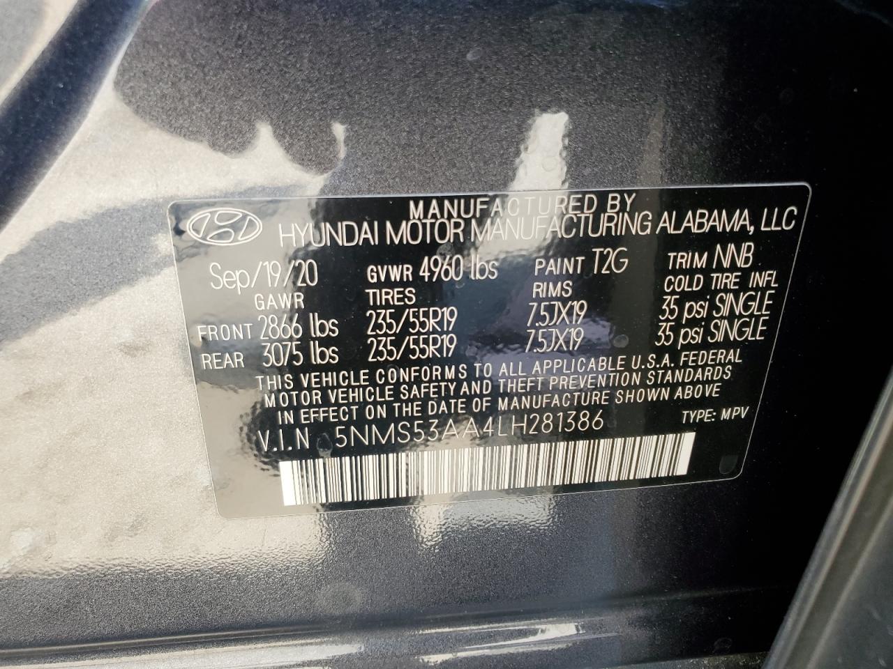 5NMS53AA4LH281386 2020 Hyundai Santa Fe Limited