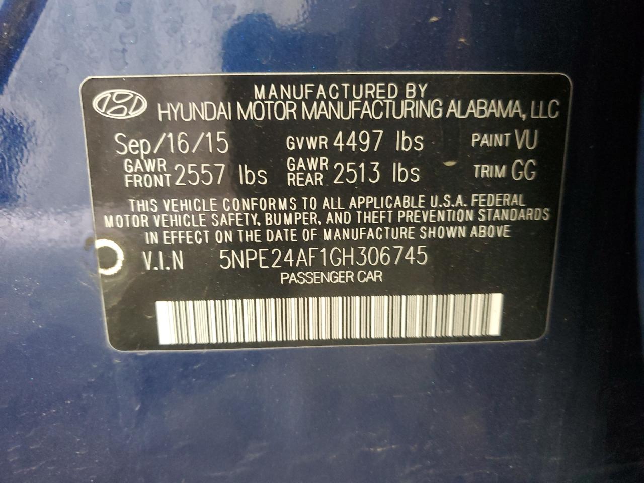 5NPE24AF1GH306745 2016 Hyundai Sonata Se